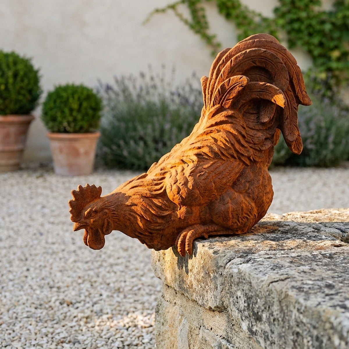 Monsieur Panache cast iron rooster on a stone ledge, head and serrated comb reaching out past the edge with his feet over the lip