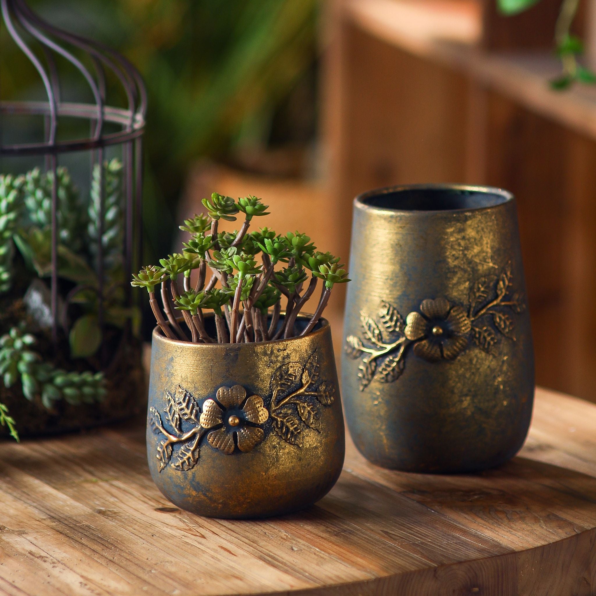 Normandy set of two antique-gold pots with a raised flower-and-leaf relief, the shorter one planted with succulents. Hero.