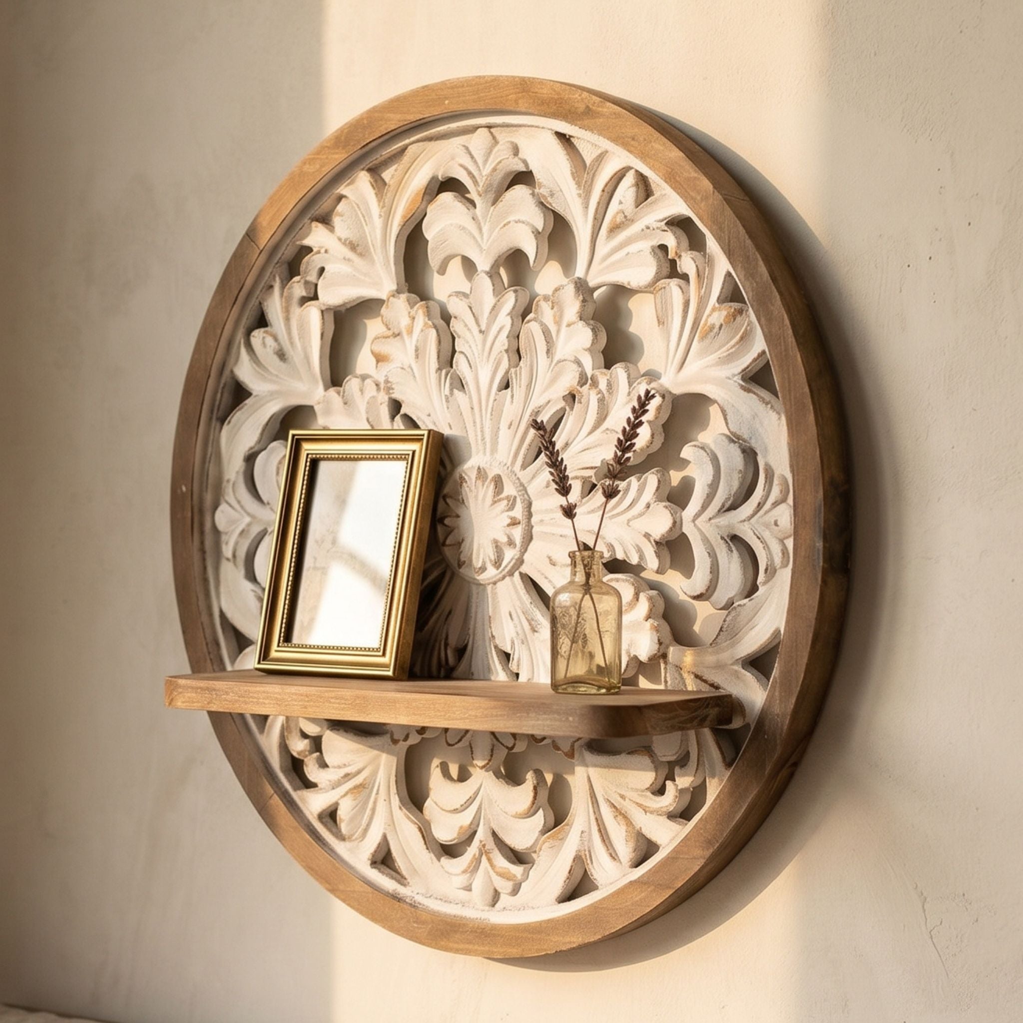 Olive French Provincial round carved wall shelf, whitewashed acanthus medallion on a natural fir frame, timber ledge holding a gold photo frame and a glass bud vase. 
