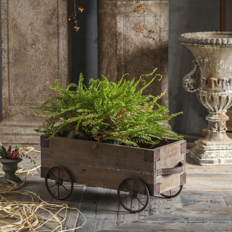 Pascal French Provincial Wheeled Cart Planter, Fir Wood with Iron Handles