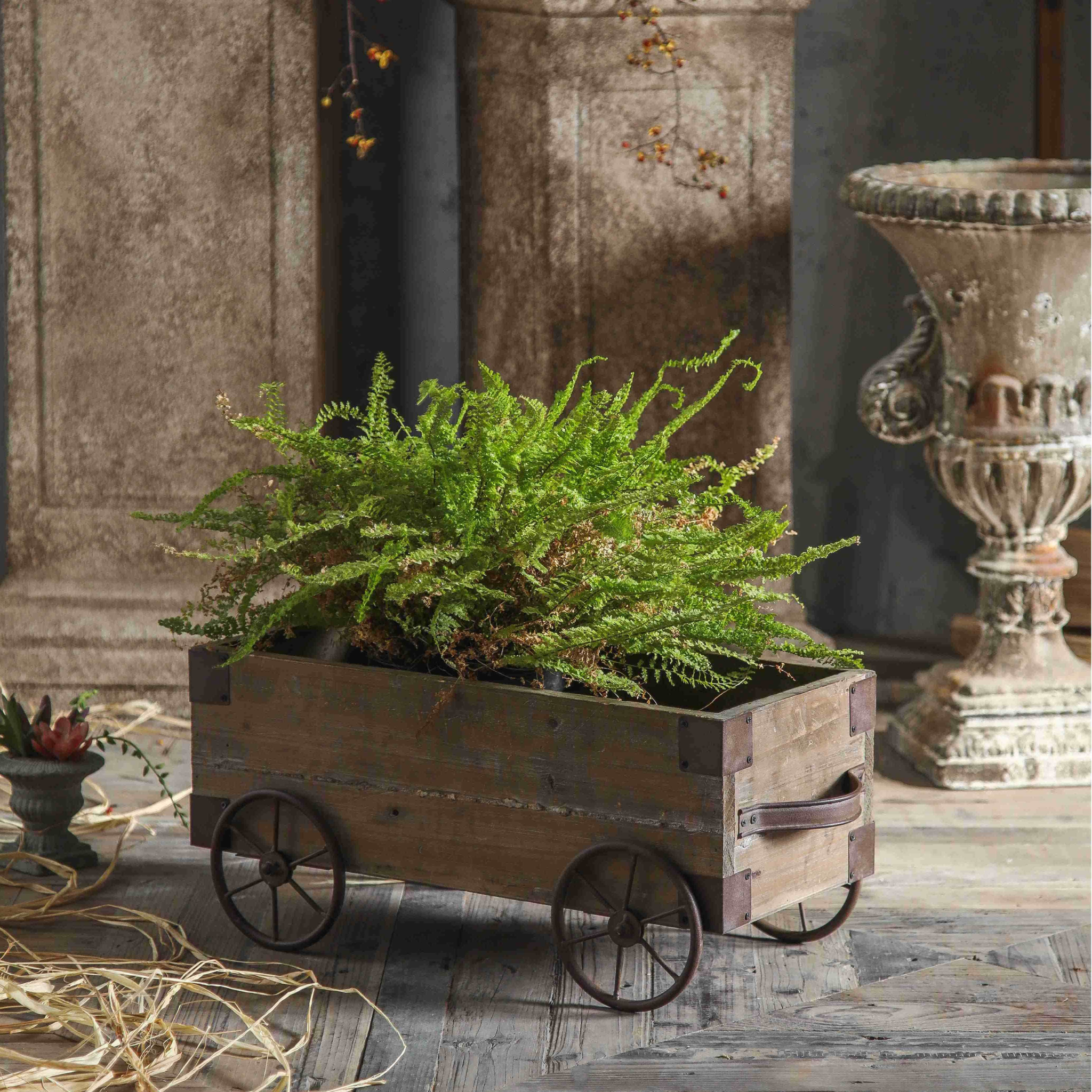 Side view of Pascal cart planter with lush fern in a courtyard setting