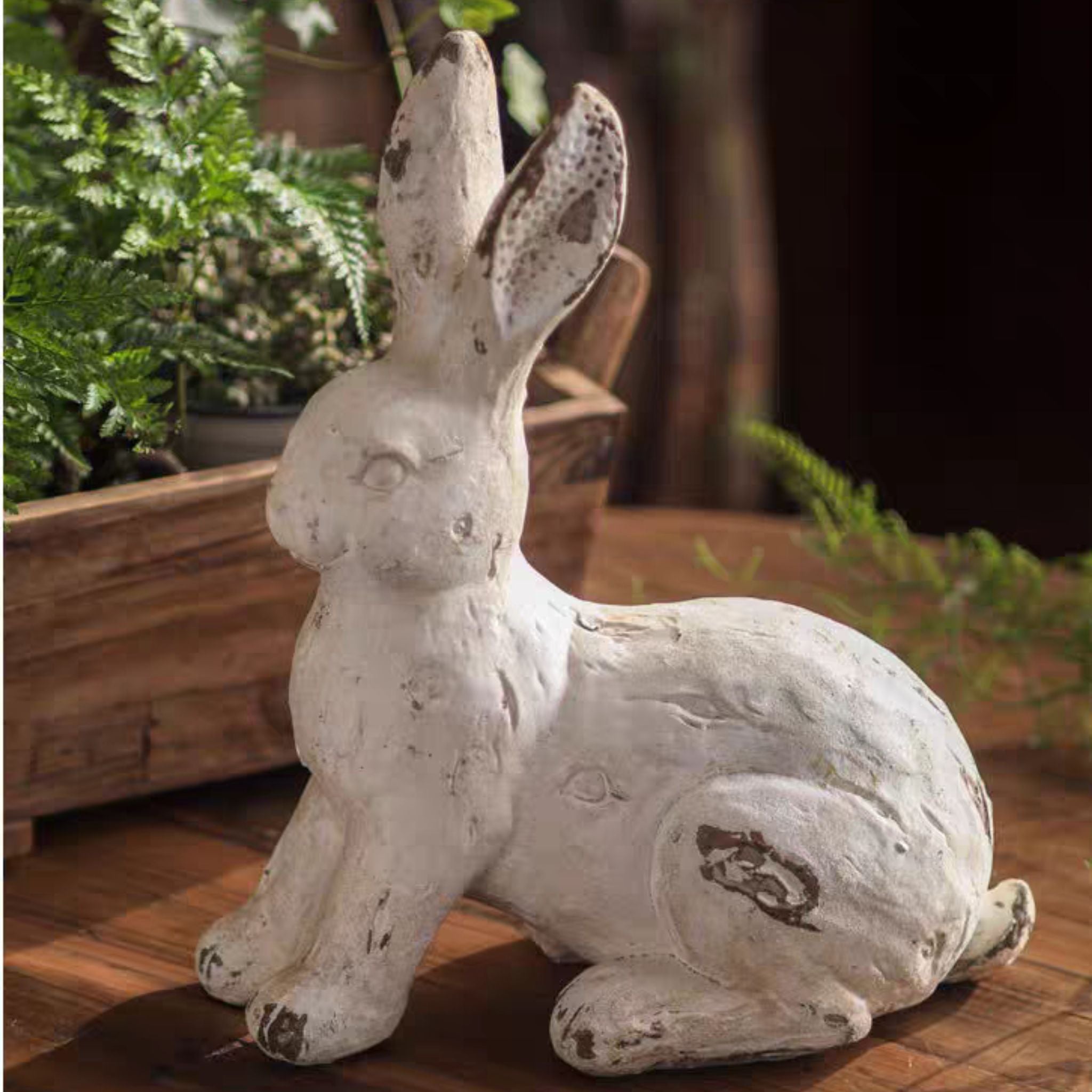 Pomme sitting-tall rabbit statue, 30cm, front view with long ears raised and distressed whitewash finish