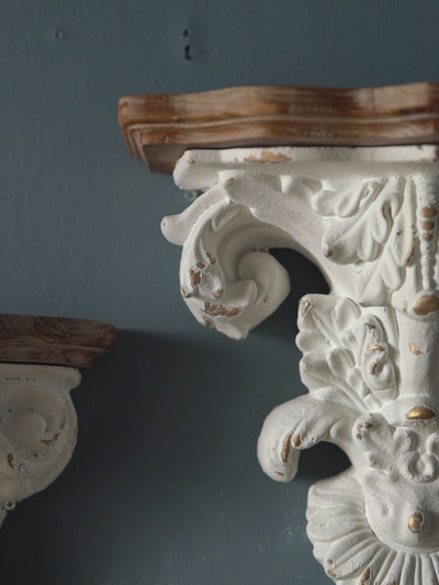 Séverine French Provincial wall corbel shelf in distressed whitewash with Corinthian capital carving and timber top, walkaround video
