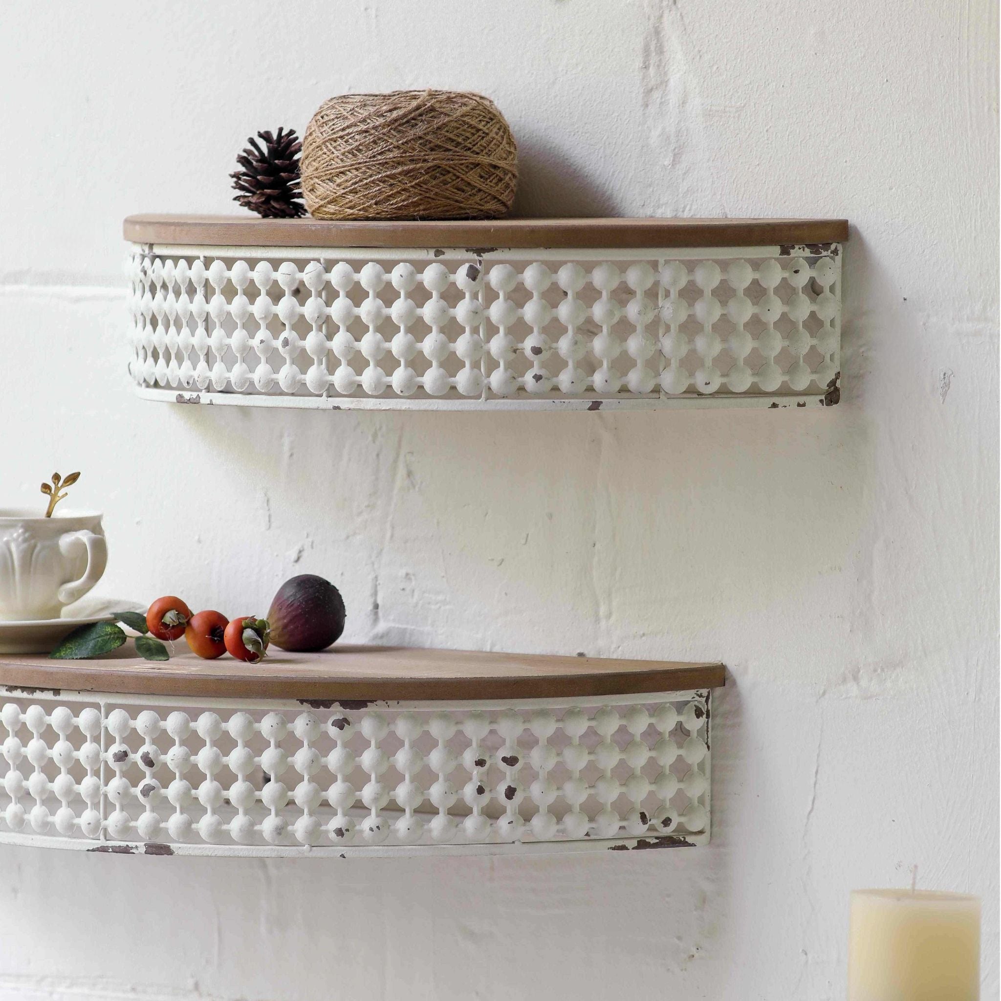 Half moon wall shelf at an angle, demilune fir timber top over the ball lattice metal gallery