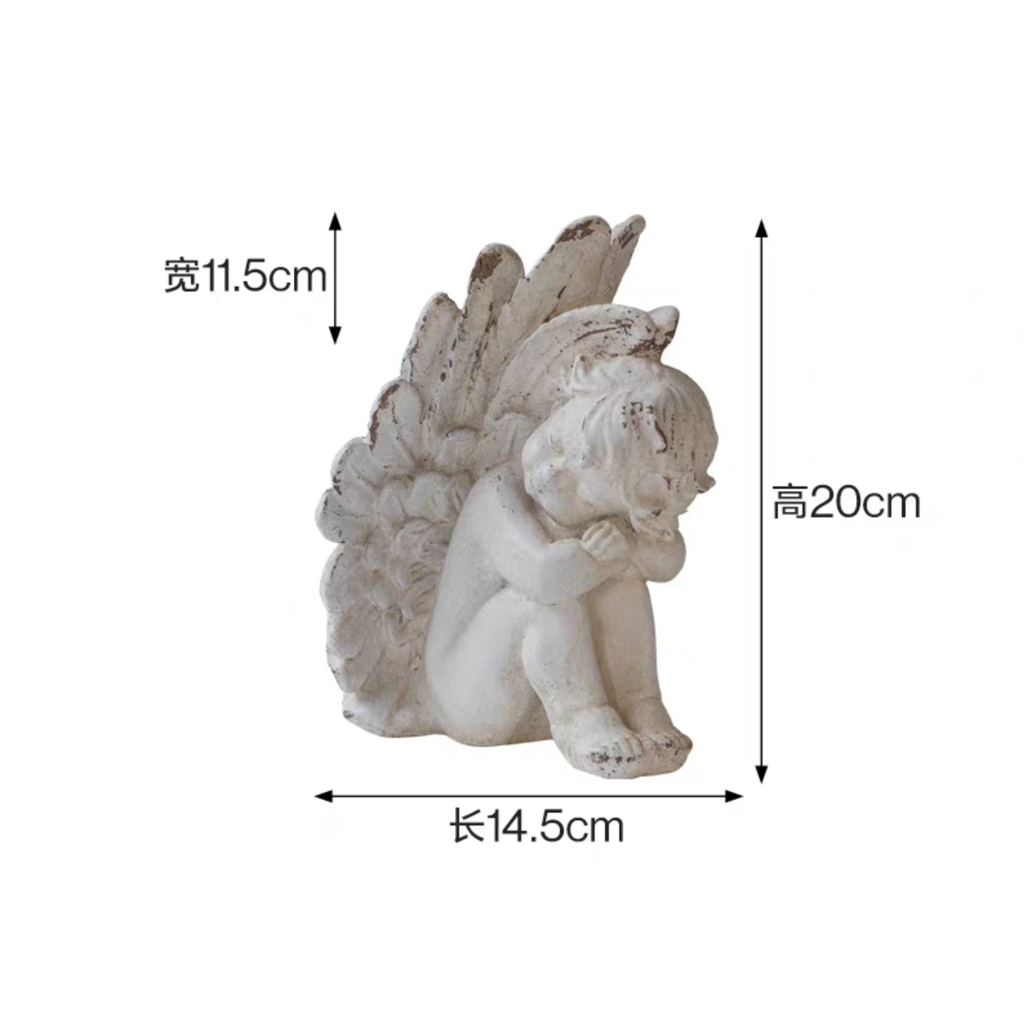 Romain cherub figurine size diagram, 20 x 14.5 x 11.5 cm