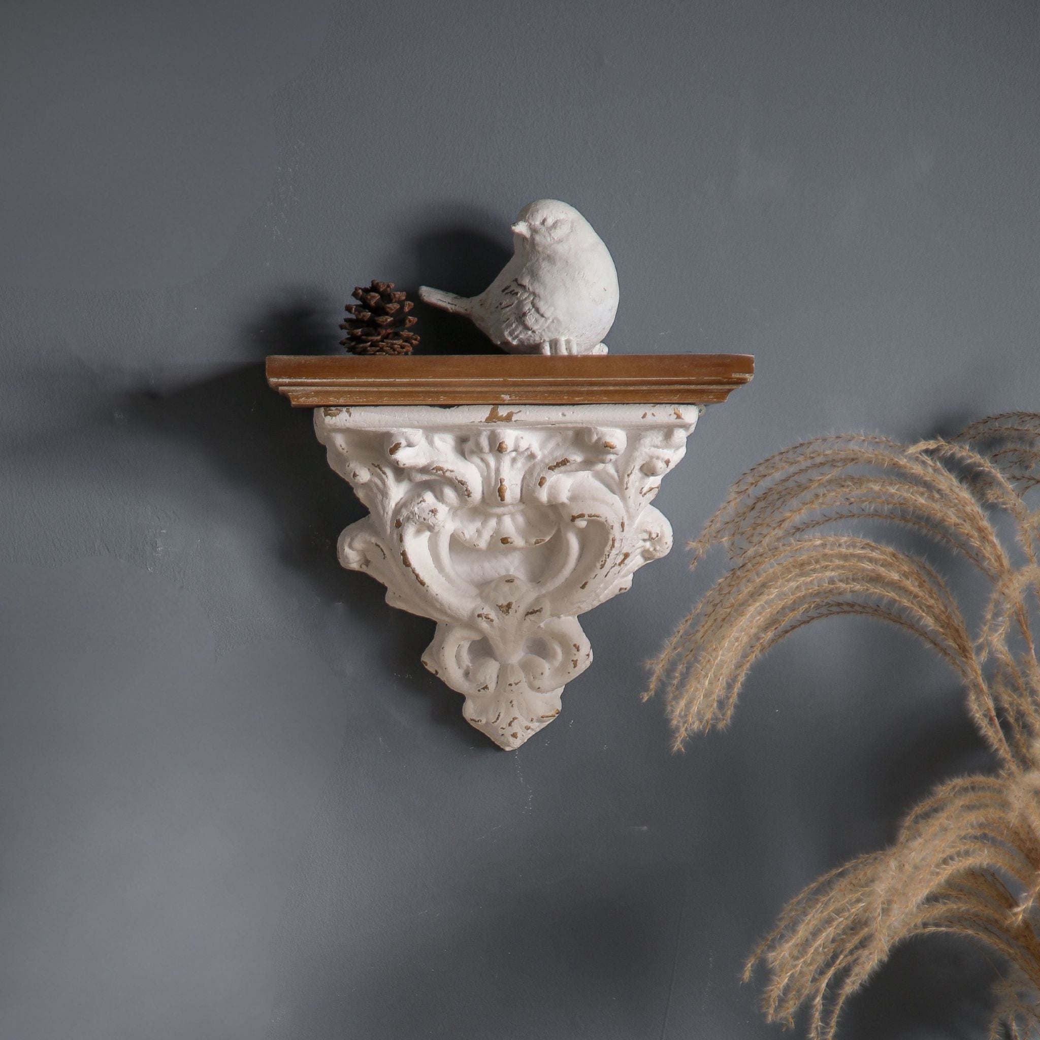 Sabrina French Provincial Wall Corbel Shelf, Distressed White Baroque Scroll Sconce with Timber Top
