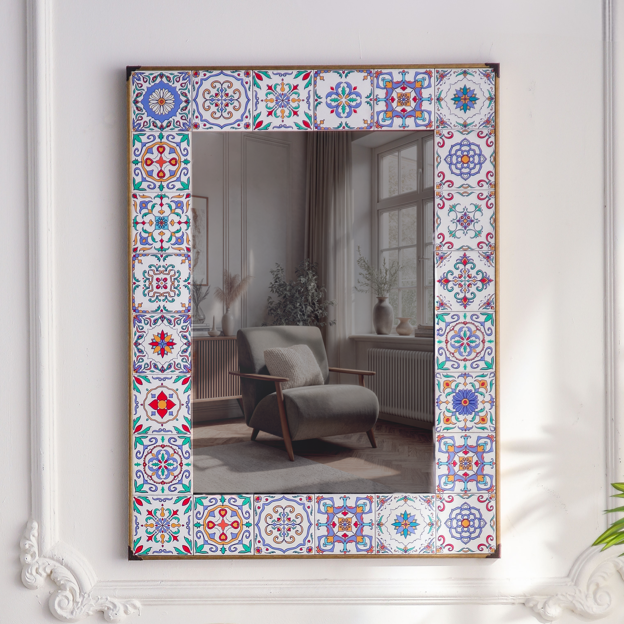 Salomé French country wall mirror full view of forty-eight hand-painted ceramic tiles