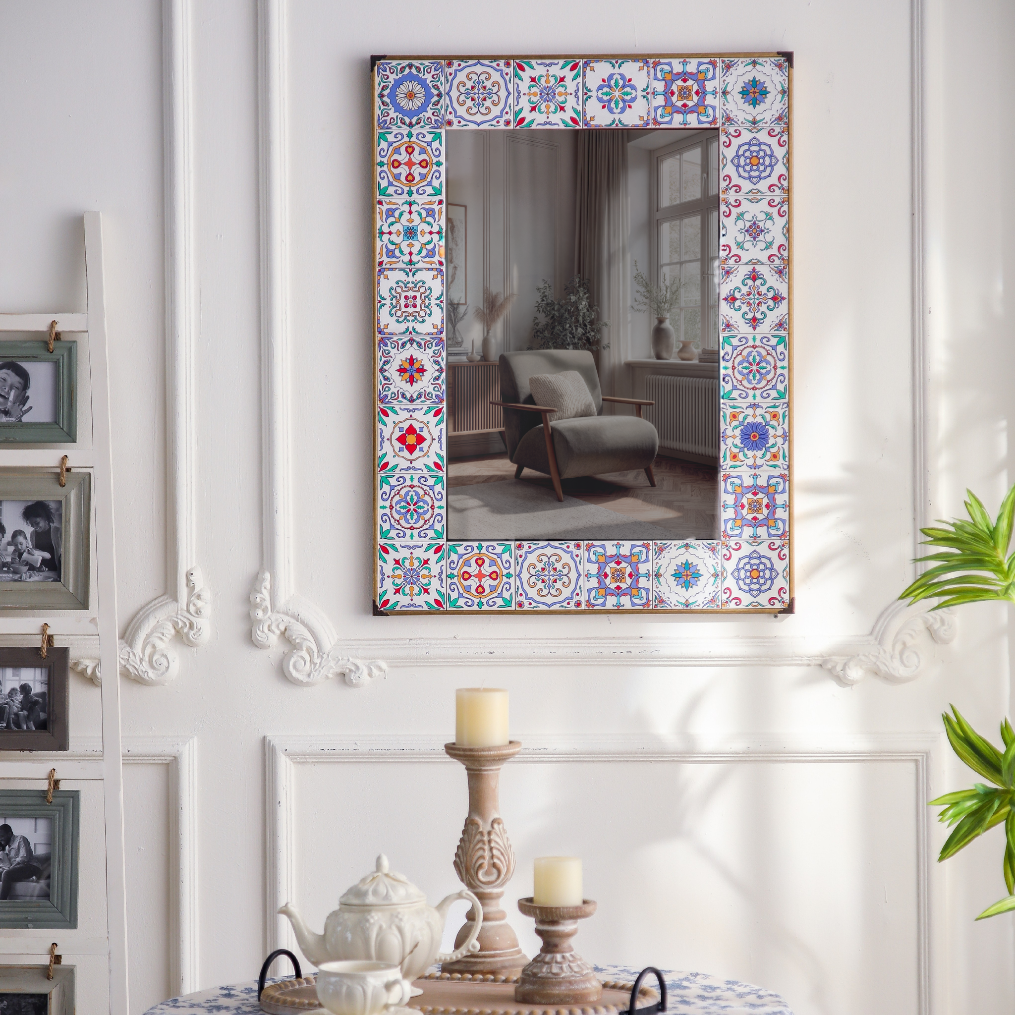 Salomé Mediterranean tile wall mirror styled in a French Provincial hallway with timber candle holders and ornate panelling