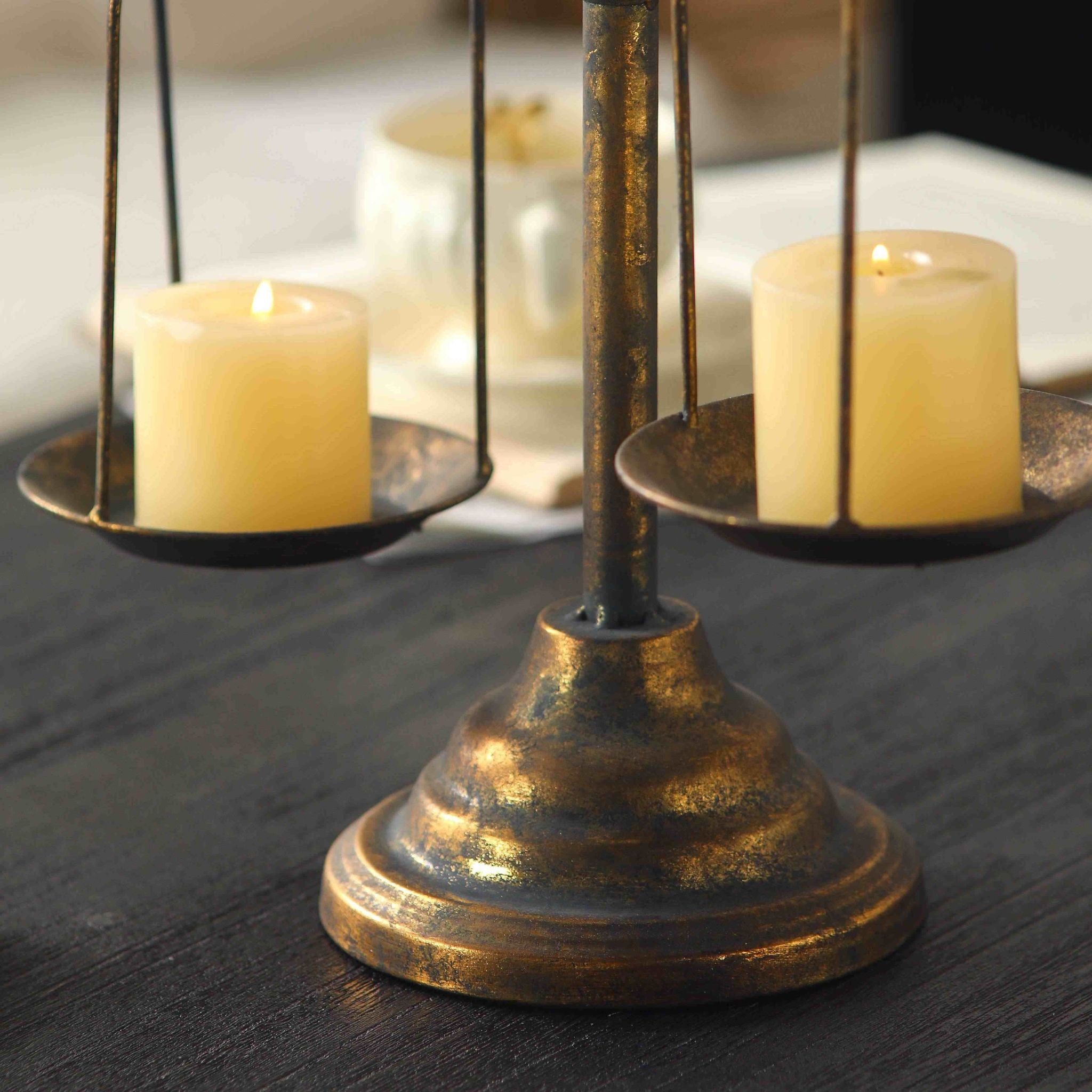 Salomon French Provincial Balance Scale Candle Holder, Aged Gold Metal