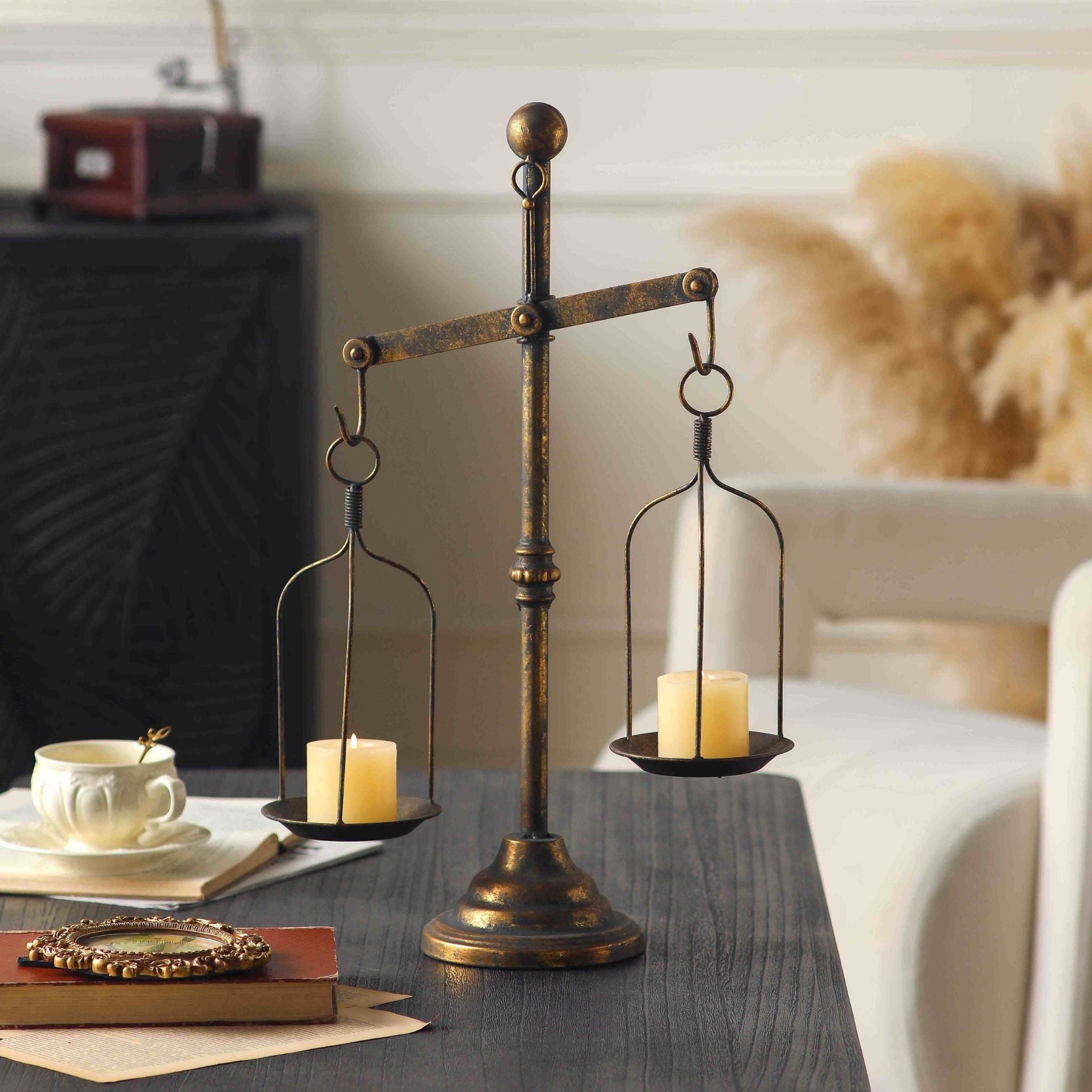 Salomon French Provincial Balance Scale Candle Holder, Aged Gold Metal