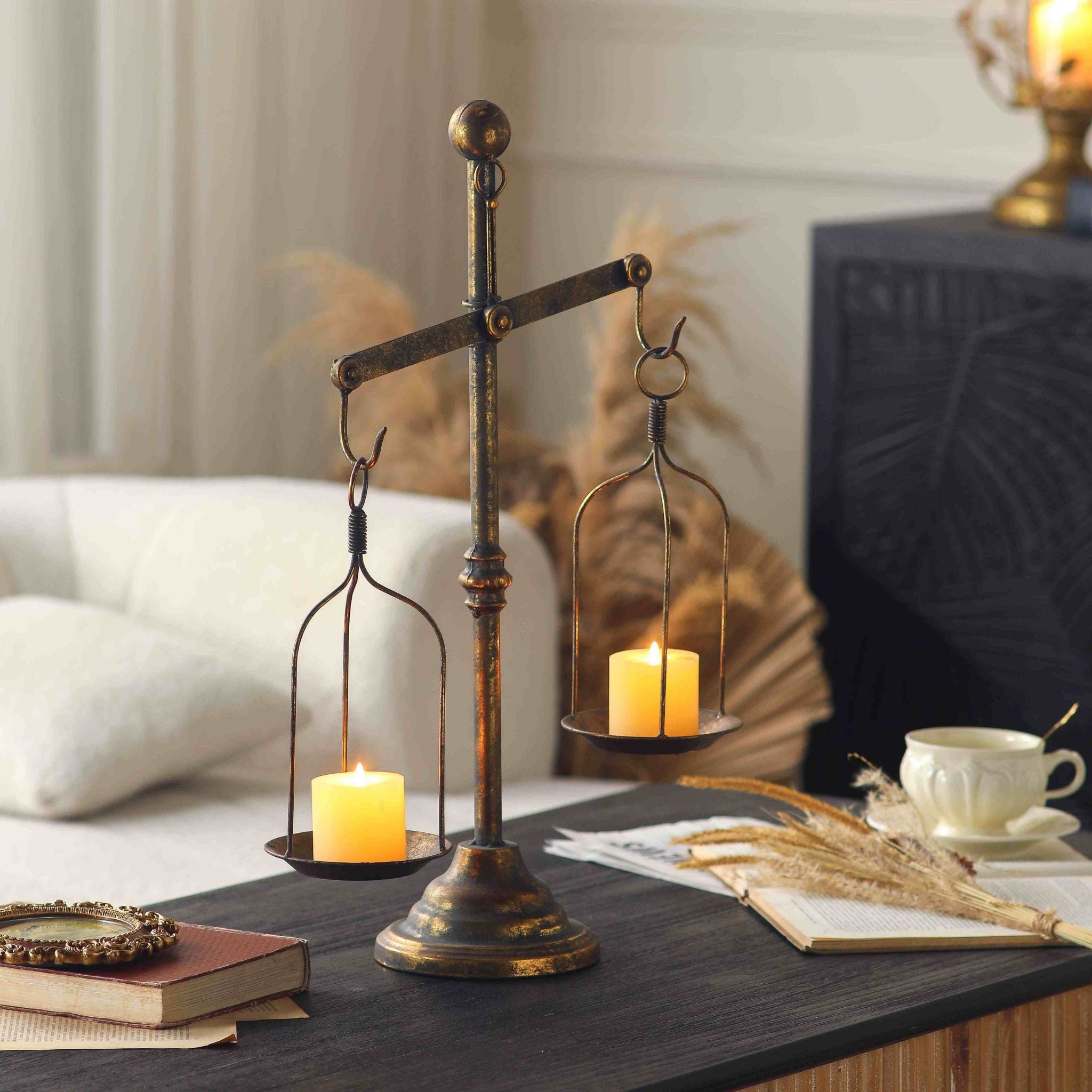 Salomon French Provincial Balance Scale Candle Holder, Aged Gold Metal