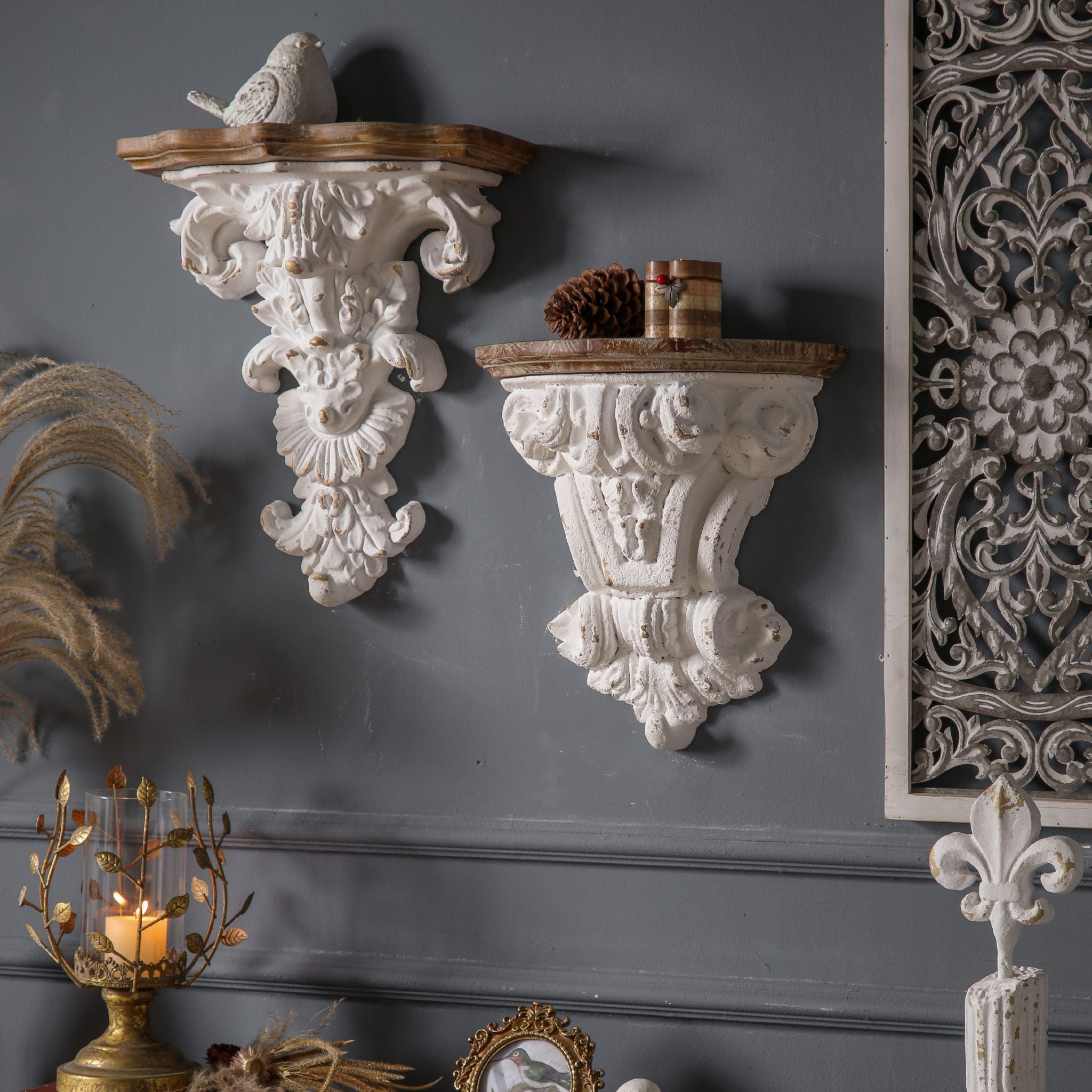 Séverine wider Corinthian corbel shelf on the right shown alongside the taller Elise corbel on the left, demonstrating paired wall styling show on angle