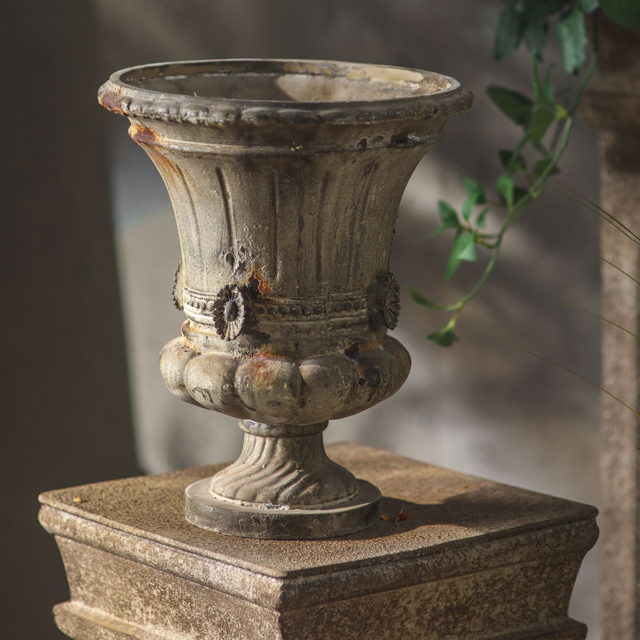 Julie aged urn planter, classical Medici shape with rosette medallions and a beaded band