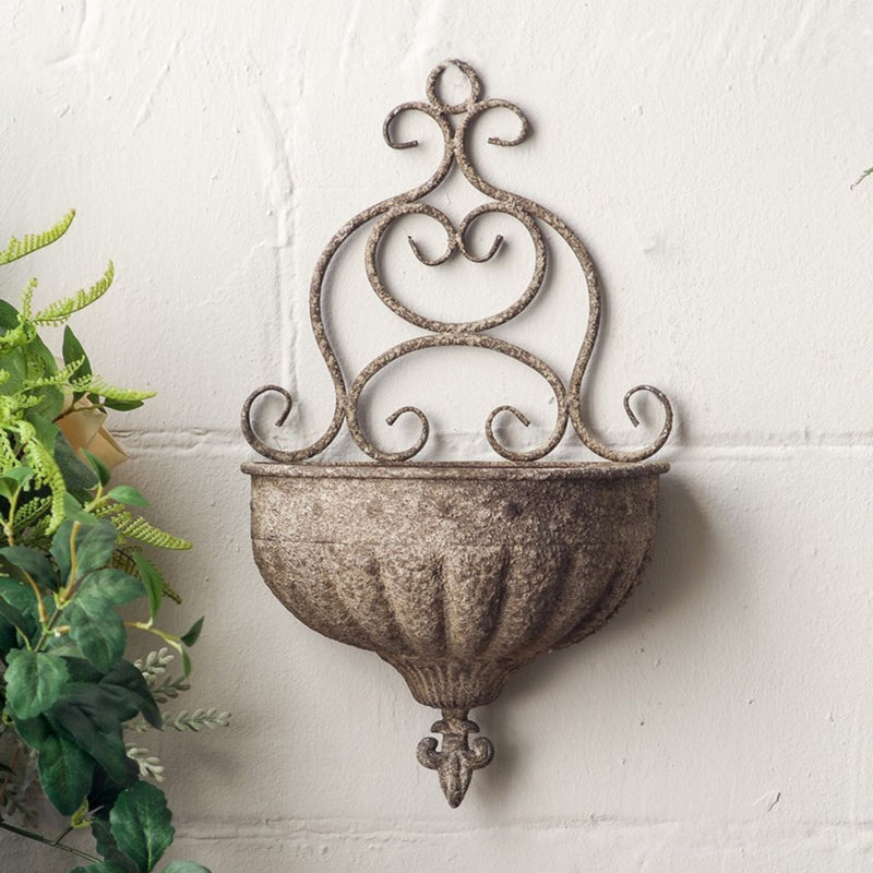 Claire Wall Planter, Aged Metal Scrolled French Provincial Wall Pot 41cm